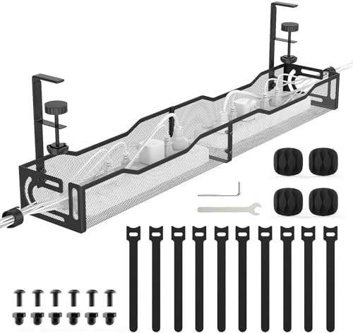 Plateau de Gestion de Câbles 64 cm de Largeur pour Bureau - avec Plateau de Rangement Supérieur, Réglable de 1 à 5 cm, Organisation des Câbles, Cache-Câbles, pour Bureau ou Télétravail