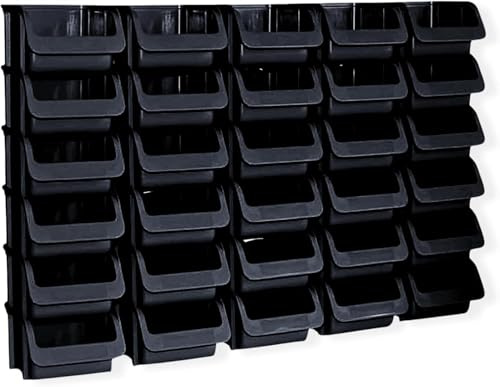 Hünersdorff 30 cajas apilables, tamaño 1, de polipropileno irrompible, recicladas, ideal para sistemas de ordenación y clasificación, placas de pared, estanterías, estanterías de taller, color negro