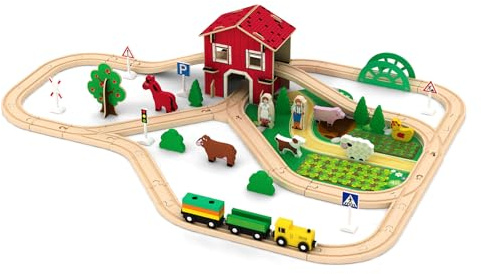 Montessori Holz Eisenbahn Set City Train – 77-teiliges Deluxe Set mit Tieren, Bauernhof & Zubehör – Lernspielzeug ab 2 3 4 5 Jahren – Top Geschenkidee für Kinder