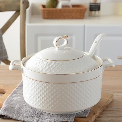 Elegant 2.2L White Soup Tureen with Gold Design Double Handle Serving Bowl with Lid & Spoon Premium Bone China Tableware for Stylish Dining