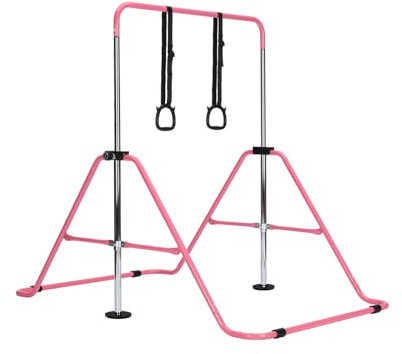 LN COZY CORNER Foldable Gymnastics Bar for Kids - Adjustable Height Horizontal Kip Bar with Rings, Stable Steel Frame Gymnastics Equipment for Home Training, Indoor Kids Gym Playset(With Rings, Pink)