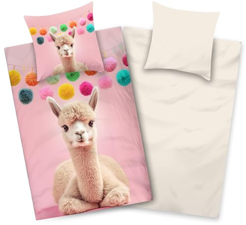 Aminata kids Bettwäsche Mädchen 135x200 cm mit Lama - Wendebettwäsche bügelfrei atmungsaktiv und vorteilhaft für Allergiker - Mikrofaser (100% Polyester)
