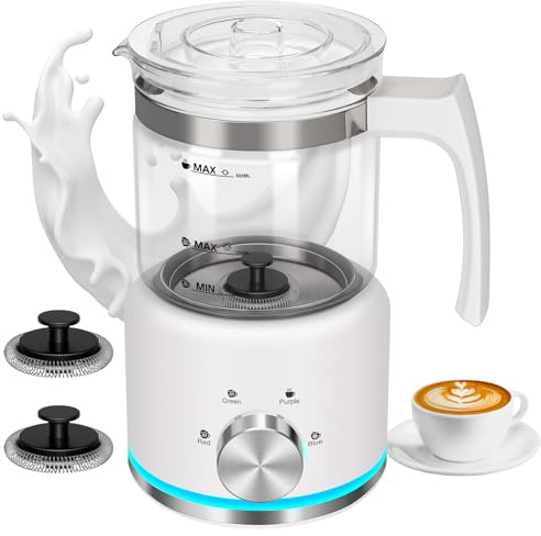 ByNaRIX Mousseur à Lait Électrique 4 en 1, 500ml Mousseur à Lait Automatique Chaud et Froid et Chauffe-Lait pour Latte, Cappuccinos, Macchiato, Verre Blanc