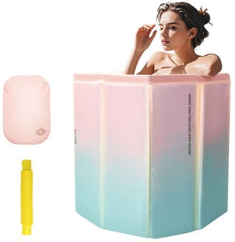 YTACREA Baignoire Portable Pliable Adulte, Baignoire de Trempage pour Bain Froid et Chaud, Rapide à Plier, avec Coussin de Siège Rempli D'eau, Douche, Spa, Sauna, 70 * 65CM, Vert Rose