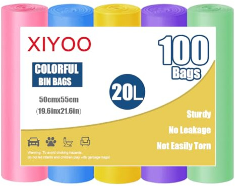 XIYOO Small Bin Liners 20L Bin Bags for Bathroom Rubbish Bags 100 Counts Strong Refuse Sacks Pedal Trash Bags fit 15-25l Garbage Bin,Colorful