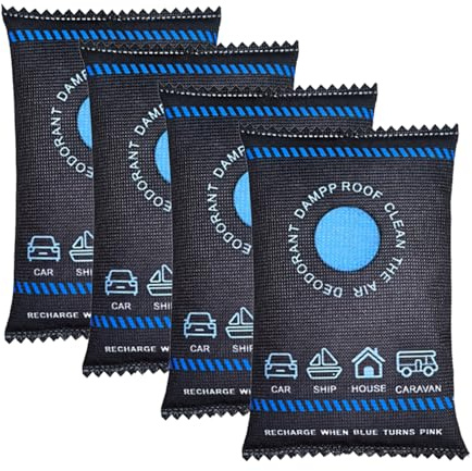 4 * 200g Car Dehumidifier Bags, Car Moisture Absorber, Reusable Humidity Bag, Leakproof for Windscreens & Interior to Prevent Damp Condensation Mould & Odour