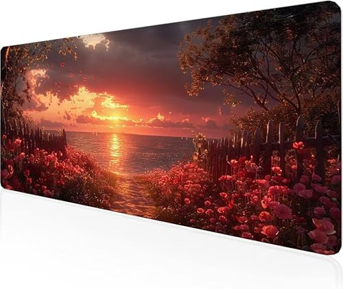 Musmatta Flower Bank spelmusmatta solnedgång stor skrivbordsmatta 800 x 400 x 3 mm, arbete från hem väsentligheter halkfri gummibas specialstruktur vattentålig yta slitstark för PC, bärbar dator Y1