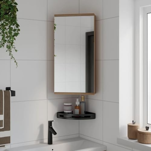 QUAHEAS Eck-Spiegelschrank Eichen-Optik, 30x24x60 cm, wandmontiert, mit 2 Ablagen, feuchtigkeitsbeständig, für Badezimmer