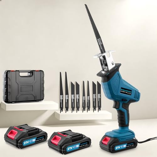 Akku Säbelsäge, 21V reciprosäge mit 8 Werkzeug -freie Installation Säbelsägeblätter,Variabler Drehzahl von 0-4000 RPM,fuchsschwanz säge elektrisch mit 2 x 2.0Ah Akku zum Holz PVC für Baustelle