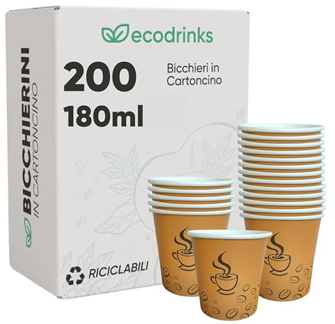ecodrinks 200 Bicchieri di Carta da 180ml, Colore Avana e Grafica Caffè - Rivestimento Interno Impermeabile, Perfetti per Bevande Calde - Biodegradabile, Look Professionale - Per Bar, Ufficio, Eventi