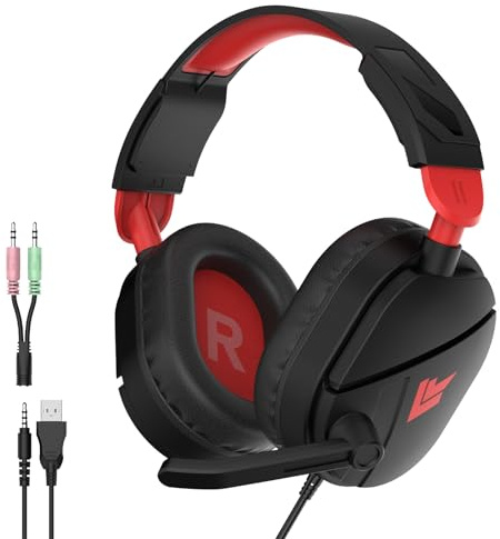 QXQ Wired Gaming Headset for PS5/PS4/PC/Switch, 3.5mm Over-Ear Headphones with Noise-Canceling Mic, RGB LED Light, Deep Bass Stereo Surround Sound, Soft Memory Foam Earpads, All-Day Comfort, Dark Red