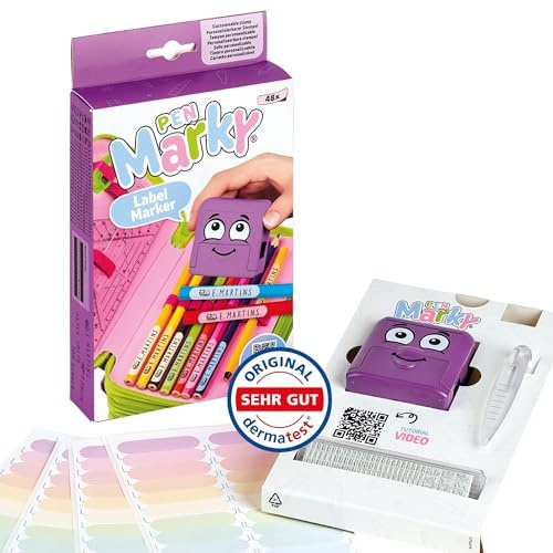 COLOP Pen Marky | Tampon personnalisable pour stylos | 48 étiquettes | Idéal pour la personnalisation des fournitures scolaires et stylos de toutes formes. Encre textile noire incluse.