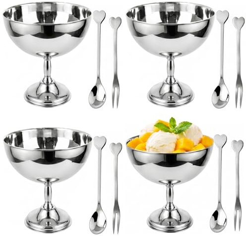 Set of 4 Ice Cream Bowl, 245ml Stainless Steel Dessert Cups with Spoons, Footed Trifle Bowl, Reusable Stainless Ice Cream Bowls for DIY Sundae, Pudding, Salad, Cocktail, Condiment, Frozen Yogurt