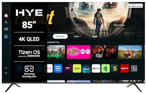 HYE TV - Smart TV, 85 Screen Size, 4K Resolution, QLED Technology, Apple AirPlay, Samsung Tizen OS & Gaming Hub, Versatile Connectivity, Black, Perfect For Streaming, Gaming & Entertainment