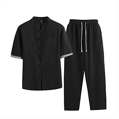 Zanisouta Traje de taekwondo para hombre Kungfu Tang Traje de lino Chándal tradicional Chándal Chino Artes Marciales Tai Chi Manga Corta Ropa Casual Cuello Alto Uniforme, O negro., M