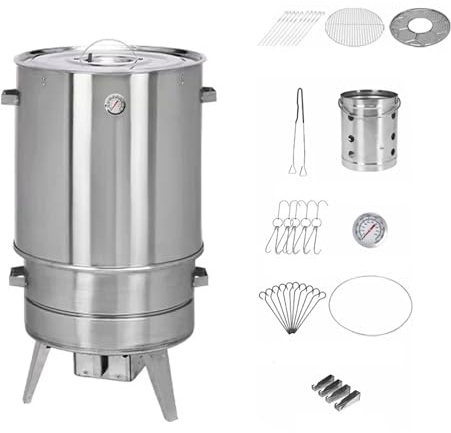 Räuchertonne Edelstahl Grilltonne Edelstahlmaterial 360°-Rundumgrillen Holzkohle-Bratofen Inklusive Thermometer und Ascheauffangbehälter Hängender Bräter für Ente, Huhn, Truthahn, Fleisch(C)