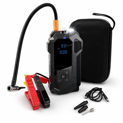 Booster Avviatore Auto 4 in 1 Jump Starter con Compressore 150 PSI Powerbank USB Type-C con Torcia LED Display LCD Digitale Avviatore Batteria Emergenza per Auto Moto Bici Gonfiatore Portatile