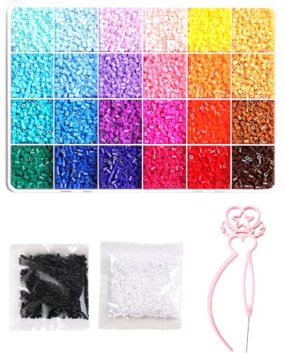 AEIOPRS Cuentas para Planchar 24 Colores (aprox. 8400) + Recargas Negro y Blanco – 5mm, Varita Corazón de Precisión – Kit Creativo Educativo, Motricidad Fina y Pixel Art desde 6 Años