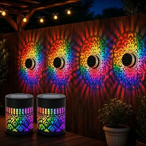 Solar Mandala Projector Light,7 Color Changing Automatic Decorative Wall Light Outdoor Waterproof Metal Fence Lamp for Yard Garden Post Patio Backyard Decoration Art (2 PCS)