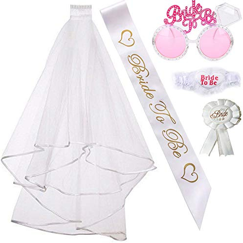 Bachelorette Party Bride to Be Kit-1 White Double Ribbon Edge Center Cascade Bridal Wedding Veil with Comb ,1 Bride to Be Satin Sash, 1 Badge, 1 leg lace. 1 Pink Bride to be glasses