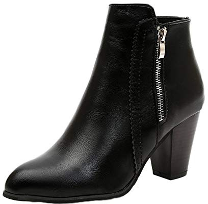 DAIHAN Womens Low Mid Block Heel Ankle Boots Synthetic Leather Casual Boots Shoes Black 2 UK