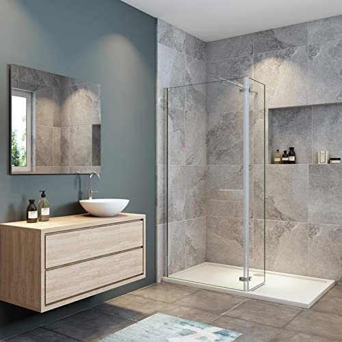 Mampara de Ducha 8mm Frontal Panal Fijo 80 cm con Panel Abatible de 40 CM y barra de soporte extensible 70-120cm vidrio antical de 8 mm, 80x40x200 CM