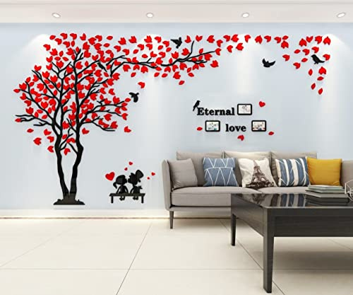 Baum Wandaufkleber Wandtattoo 3D DIY Sticker mit Familie Bilderrahmen Fotorahmen Wandbilder Wandkunst für Wohnzimmer Schlafzimmer (Rot Links,L-150 * 300cm)