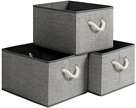 SONGMICS Aufbewahrungsboxen, 3er Set, Stoffboxen ohne Deckel, mit Griffen, 40 x 30 x 25 cm, Leinenoptik, grau RFB013G01