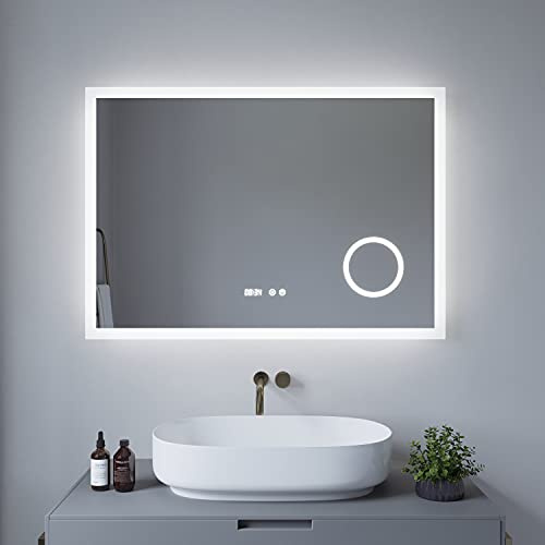 AQUABATOS® 100x70 cm Badspiegel mit Beleuchtung badezimmerspiegel Lichtspiegel LED Wandspiegel, Touch-Schalter Dimmbar + Kaltweiß 6400K + Schminkspiegel + Anti-beschlag + Digital Uhr