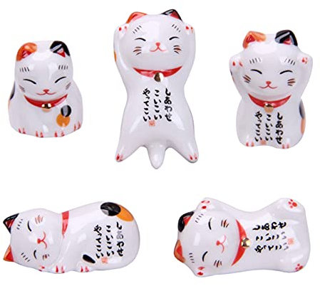 BuyWeek Glückskatze Essstäbchen Rest, 5Pcs/Set Japanische Keramik Lucky Cat Essstäbchen Halter Katze Stäbchen Halter Ornamente für Heimtextilien