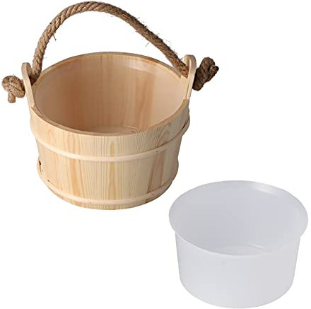 Tomotato Seau de Sauna, Seau de hammam 6L tonneau de Sauna en Bois Naturel avec poignée en Corde de Chanvre Seau de revêtement en Plastique pour hammam Spa