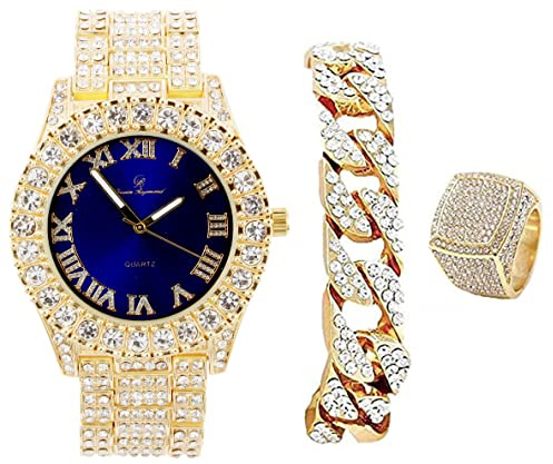 Big Rocks Lünette für Herren – Zifferblatt mit römischen Ziffern, vollständig Iced Out Uhr mit kubanischer Kette Armband und Ring – ST10327SET3PC, Blau / Gld, 8, ST10327SET3PC (8, Blau-Gold)