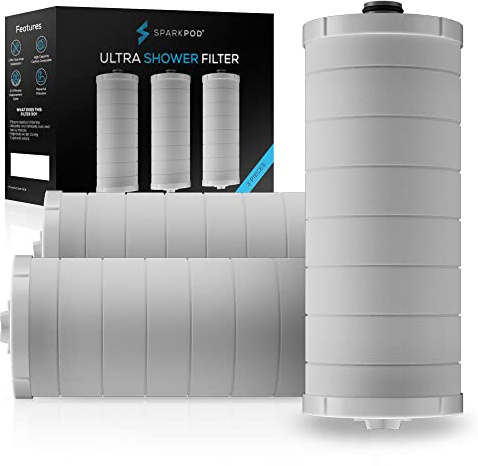 SparkPod Cartucho de filtro de ducha, purificación de agua mejorada, paquete de 3, cabezal de ducha suavizante de agua, instalación en 1 minuto, agua ultra filtrada, bloque de carbón activado,