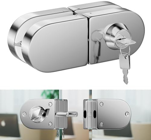 Serratura per porta in vetro senza fori, finitura cromata lucida, con chiave e pomello, compatibile con vetro temperato 10-12 mm, installazione rapida, design moderno, in acciaio inox 304.