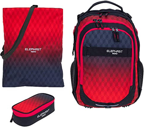 Elephant Schulrucksack 3 Teile Set Hero Signature Jungen Mädchen Rucksack Mäppchen Box Sportbeutel Attach Bag rtmb (Red Cube 12868 (Rot Schwarz))