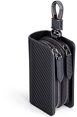 VISOUL Echt Leder Autoschlüssel Abdeckung Schlüsseltasche Auto Schlüssel Anhänger Antik Vintage Doppelter Reißverschluss Karabienerhacken Tasche Carbon E01