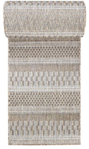 Mazovia In-& Outdoor Läufer Balkon 70x150cm Creme Gestreift Wetterfest | In-& Outdoor Teppichläufer für Flur Küche Terrasse Garten Beige Pflegeleicht UV-Beständig Wasserabweisend Verkauf pro Meter