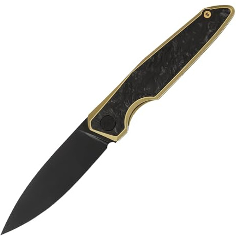 FerraMonster Couteau Pliant Couteau de Poche Couteau de Survie EDC Couteau de Chasse - Acier M390, Titane et Fibre de Carbone poignée - Camping extérieur Randonnée - avec étui (Noirs & Doré)