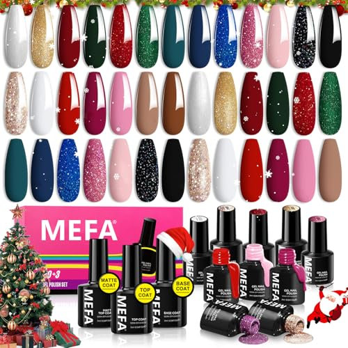 MEFA UV Nagellack Set, 20+3 Gel Nagellack Rot Nude Pink Grün Glitzer -Glossy&Matte Top Base Coat-Soak Off Gellack,Gellack Uv Lack für Maniküre Salon