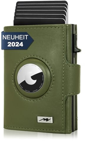 Marc Peter® Chicago Leder Push Air Slim Wallet - Airtag Geldbörse mit Münzfach - RFID Schutz kleines Mini Portmonee Leder Grün XL MÜNZFACH