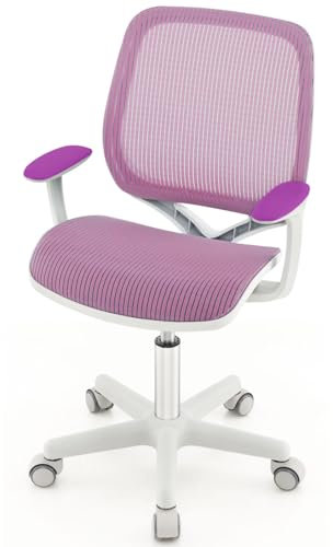 GYMAX Kids Desk Chair, Height Adjustable Toddler Swivel Chair with Armrests, Lockable Wheels & Breathable Mesh Back, Children Study Chair for Girls Boys (Purple)