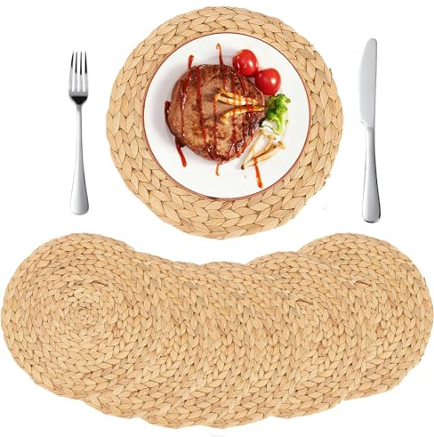 GUDAGUU Round Woven Placemats- Natural Water Hyacinth Weave Place Mat Set of 6,Braided Straw Table Mats for Dining Tables (6, 7.87 20cm)