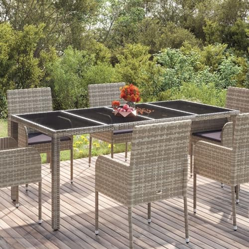 Homgoday Trädgårdsbord med glasplatta för trädgård, matbord, terrassbord, trädgårdsmöbler, bord, utomhusbord, balkongbord, matbord bord för trädgård, balkong, terrass, grått, 190 x 90 x 75 cm poly