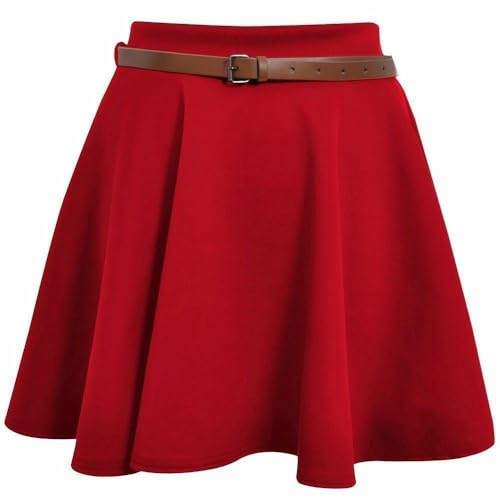 Shop Nova® Womens Plain/Check Tartan Print Belted Skirt Elasticated Waist Skirts Ladies Stretch Flippy Short Flared Mini Skater Size UK 8-26 (Red, 16)