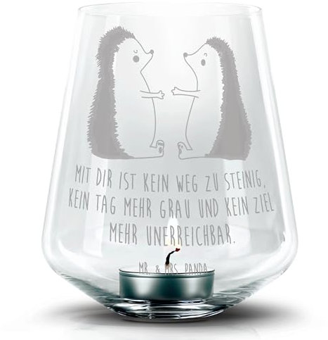 Mr. & Mrs. Panda Gravur Windlicht Igel Liebe - Geschenk, Partner, Ehefrau, Teelichthalter, Jahrestag, Hochzeit, Kerzenglas mit Gravur, Kerzenlicht,