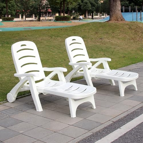 Tdfersasdw Klappbare Terrassen-Chaiselounge, 2er-Set, Outdoor-Loungesessel mit Rad, leichte Chaiselongue aus Kunststoff für die Außenterrasse am Pool,Weiß