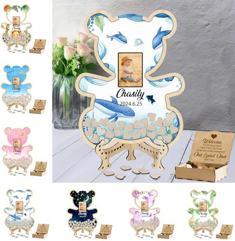 Livre d'or personnalisé pour fête prénatale avec 30 à 100 cœurs en bois - Cadre photo personnalisé pour fête prénatale, décoration de fête prénatale