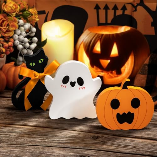 3 Pezzi Ornamenti di Halloween in Legno - Zucca da Tavolo, Centrotavola Con Fantasma e Gatto Nero - Per Feste e Cene