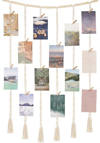 AstraGlam Hängende Fotodisplay Wanddekoration, Boho Holzperlen Girlande Collage Bilderrahmenhalter mit 30Clips für Schlafzimmer,Wohnzimmer, Wohnheim, Geschenke für Teenager-Mädchen.