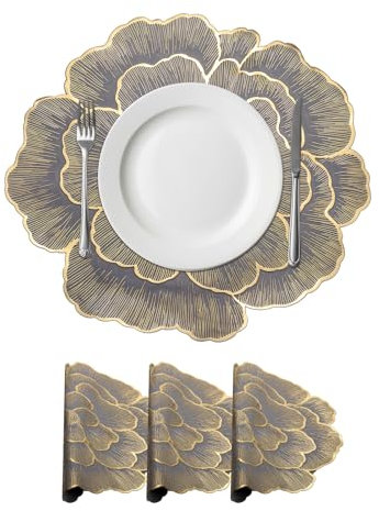 sourcing map Gold Edge Grey Floral Rose Round Placemats Set of 4 for Dinner Tables, Metallic Polyvinyl Pressed Placemats Washable Table Mats for Dinner Table Decor (15 x 15/38 x 38cm)